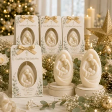 8 Sets Holy Family Candle Favors With Cards And Gold Ribbons, Religious Baptism, Christening, First Communion Party Favors, Baby Baptism, Church Ceremony Guest Gifts - White - View 6