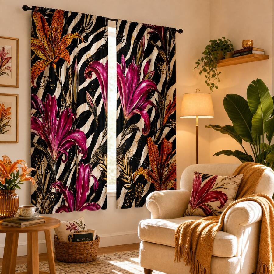 2PCS Zebra‑Patterned Flame Lily Print Light Sheer Curtains, Semi-Sheer For Privacy Protection. Easy Rod Pocket Installation, Quick-Dry, Fade-Resistant After Washing, Lightweight And Washable. Ideal For Home, Room And Kitchen Decor & Space Dividers. - Multicolor - View 1