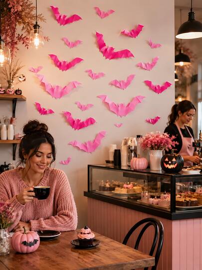64pcs-Pink 3D Paper Bat Wall Sticker Set, DIY Removable Bat Decoration For Bedroom Wall, Halloween Party Photo Backdrop Home Decor, Spooky Sweet Halloween Party Supplies, Bat Wall Decoration, Pink Bat Stickers, Pink Halloween, Window Decals, Foldable Paper Bats, Indoor/Outdoor Halloween Decoration