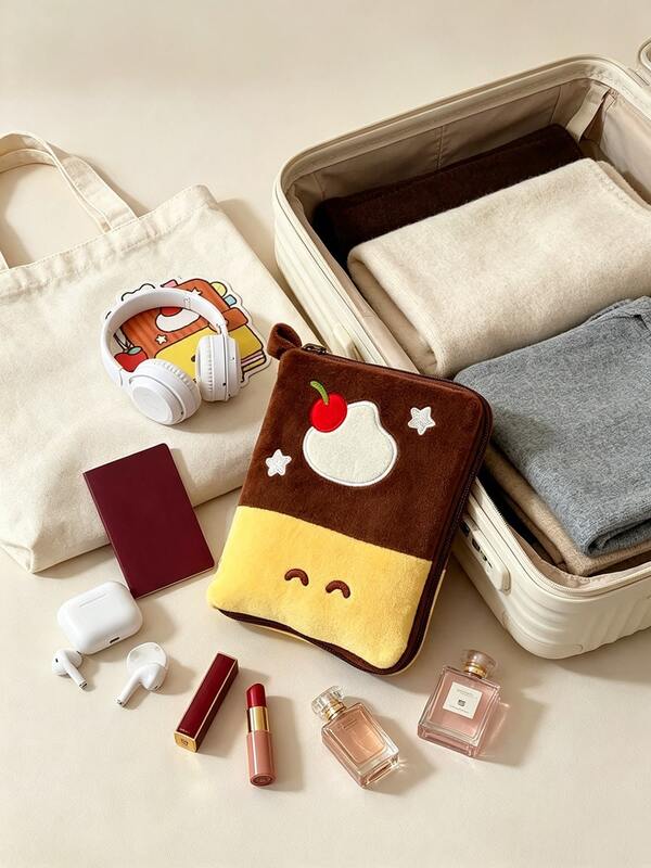 1PC Cherry Plush Passport Holder Soft Fluffy Travel Document Storage Pouch For Vacation Airport Trip ﻿