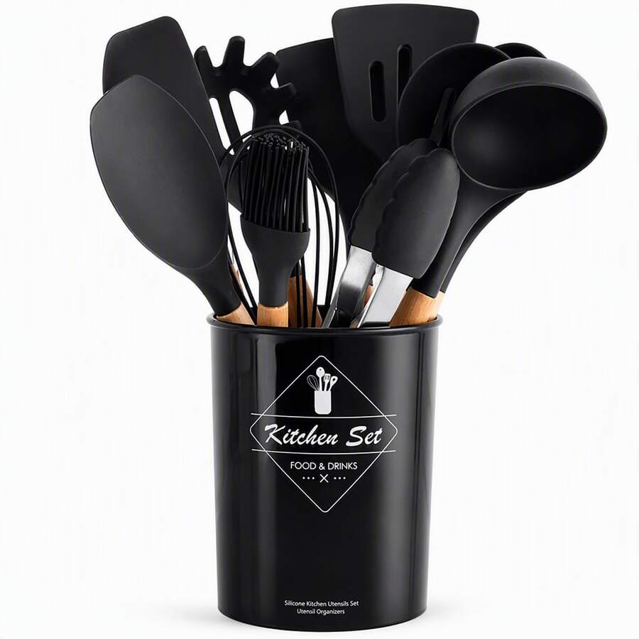 Kit Utensílios de Cozinha Silicone 12 Peças Completo Antiaderente Resistente - Preto - Visão 1