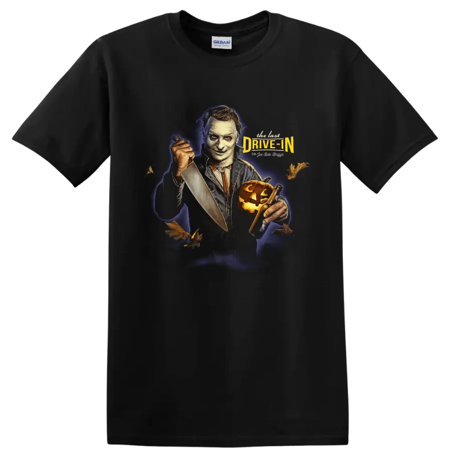 Camiseta de la película de terror "The Last Drive In" con cuchillo de calabaza, camiseta de presentador de Halloween - Negro - Ver 1