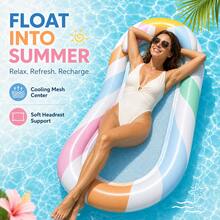 Colorful Striped Inflatable Pool Float With Headrest, Mesh Water Hammock Lounger, PVC Swimming Pool Floating Bed Raft For Summer Beach Pool Party - A - View 1