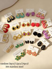 24PCS/12Pairs Stainless Steel Earrings Set For Women, Summer Beach Jewelry Accessories, Minimalist Fashion Earrings For Daily Wear, Travel & Vacation - Multicolor - View 1