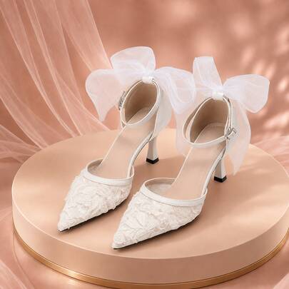 White Elegant Bow Avant-Garde Lace Women's High Heels