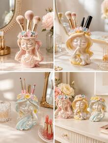 1pc Cute Girl Makeup Brush Holder, Resin Flower Crown Cosmetic Organizer, Kawaii Vanity Storage Cup For Makeup Brushes, Lipstick And Beauty Tools, Dresser, Bedroom, Bathroom Countertop, Desk Decor, Aesthetic Room Decor, Gift For Women And Girls - View 7