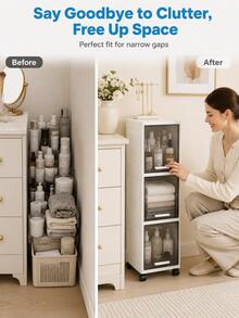 3/4/5-Layer Narrow Space-Saving Storage Cabinet With Sliding Doors, Multi-Functional Floor-Standing Storage Unit, Suitable For Kitchen, Bathroom, Storage Room, Compact Vertical Cabinet For Small Spaces, Multi-Layer Shelves With Drawer Gaps, Flip-Top Narrow Gap Storage Cabinet - Clear - View 2