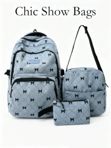 3pcs Backpack Set, Large Backpack + Crossbody Bag + Coin Purse, Bow Pattern, Soft Fabric, Adjustable Shoulder Strap, Large Capacity School Daily Commute Student Bag - Blue - View 7
