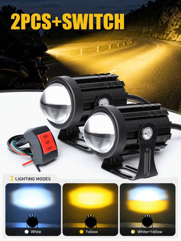 2 tiras de iluminación, 1 interruptor, faro delantero de motocicleta, mini foco de aleación de aluminio LED, luz externa de doble color, adecuado para motocicleta, bicicleta eléctrica
