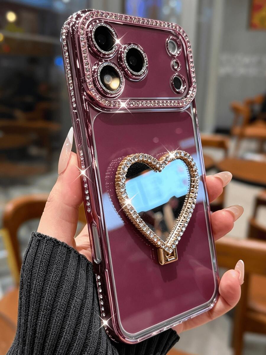 奢華閃亮亮片水鑽愛心化妝鏡支架鏡頭保護手機殼,適用於 iPhone 18 Pro Max 18 Pro 17 Pro Max 17 Pro 17 16 Pro Max 16 Pro 16 15 Pro Max 15 Pro 15 14 Pro Max 14 Pro 14 13 Pro Max 13 Pro 13 12 Pro Max 12 Pro 12 11,高品質水鑽邊框防震防摔後蓋 - 櫻桃紅 - 查看 1