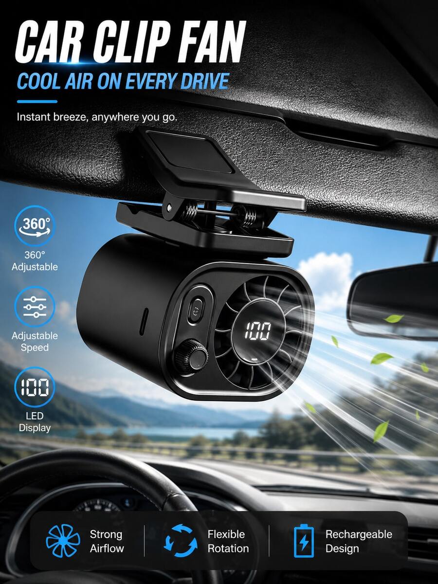 Car Clip-On Fan, 100-Speed Multi-Function Stepless Adjustable Mini Fan, 1400mAh Battery Powered Personal Fan, 360° Adjustable Mini Cooling Fan With Digital Display, Powerful Airflow, Suitable For Outdoor Cycling, Hiking, Camping And Daily Use - A - View 1