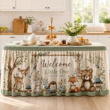 Welcome Baby Table Skirt, Forest Animal Print, Sage Green Polyester Tablecloth For Baby Shower, Gender Neutral Nursery Party, First Birthday, Dessert Table Decor And Forest Theme Celebration - A - View 7