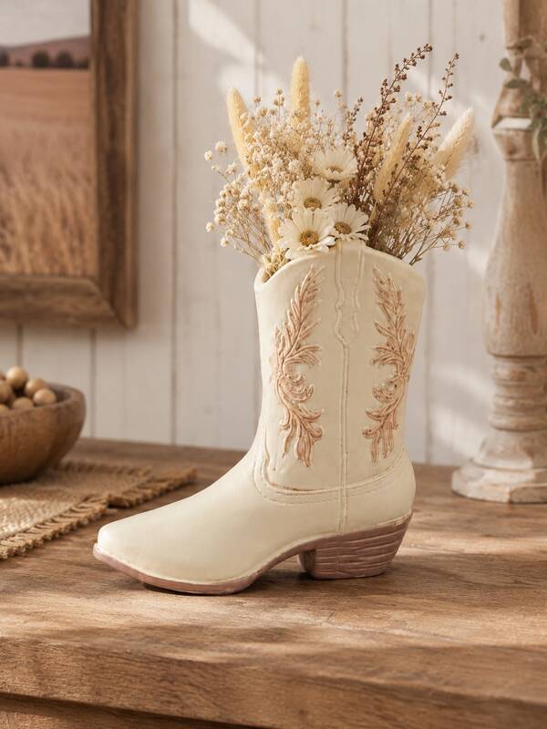 1pc Country Cowboy Boot Vase, Vintage Western Style Floral Container With Embossed Pattern, Farmhouse Bohemian Tabletop Decor, Suitable For Kitchen, Living Room, Shelf, Entryway, Wedding Centerpiece And Housewarming Gift