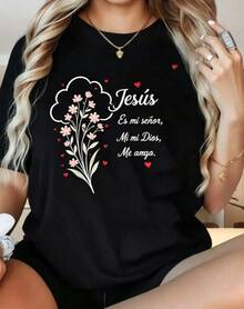 Women's Round Neck Short Sleeve T-Shirt Jesus Is My Lord My God My Friend Tulip Flower Design Black T Shirt Women Christian Faith - Black 3 - View 6