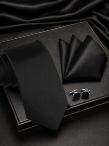 1SET Conjunto de corbata de unicolor, pañuelo de bolsillo, gemelos, corbata anudada a mano, pañuelo, gemelos, adecuado para uso diario, boda, fiesta, cóctel, banquete - Negro - Ver 1