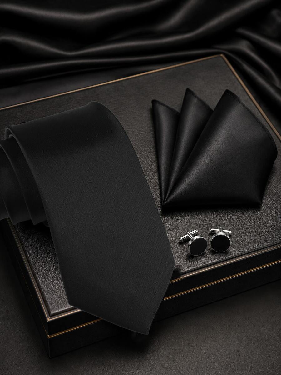 1SET Conjunto de corbata de unicolor, pañuelo de bolsillo, gemelos, corbata anudada a mano, pañuelo, gemelos, adecuado para uso diario, boda, fiesta, cóctel, banquete - Negro - Ver 1