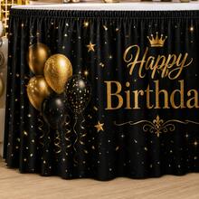 Black & Gold Birthday Table Skirt With Balloon And Crown Print, Birthday Party Decoration, Elegant Polyester Tablecloth, Suitable For Adult Birthday, Milestone Celebration, Dessert Table And Event Decor - A - View 8