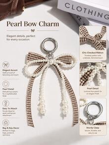 1pc Plaid Butterfly Faux Pearl Bow Keychain Bag Charm Decor, Minimalist Butterfly Design Phone Case Accessory - Coffee Brown - View 3