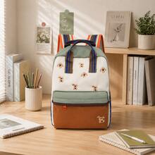 Personalized Fashion Dog Embroidery Color Block Backpack, Casual Daily Daypack With Portable Top Handle, Contrast Striped Shoulder Straps - Multicolor - View 6