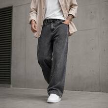 Men's Premium Graphite Straight Baggy Jeans Streetwear Rapper Skater Style Loose Fit - Grey - View 4
