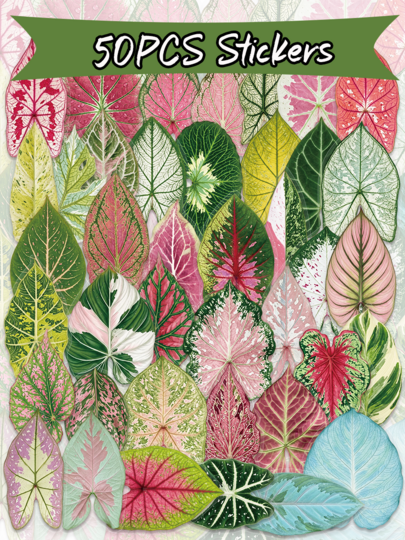 50pcs Caladium Leaf Sticker Set, Transparent Waterproof PET Stickers, Suitable For Plant Lovers, Scrapbooking, Junk Journal, Card Making, Water Bottle, Luggage, Home Decor