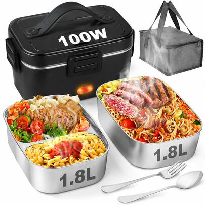 Electric Lunch Box For Adults Men 100W 1.8L, 12V/24V/110V | Portable Heated Lunch Box, 304 Stainless Steel & PP Material, Leak-Proof, Fast Heating, With Bag For Car Truck Office Work