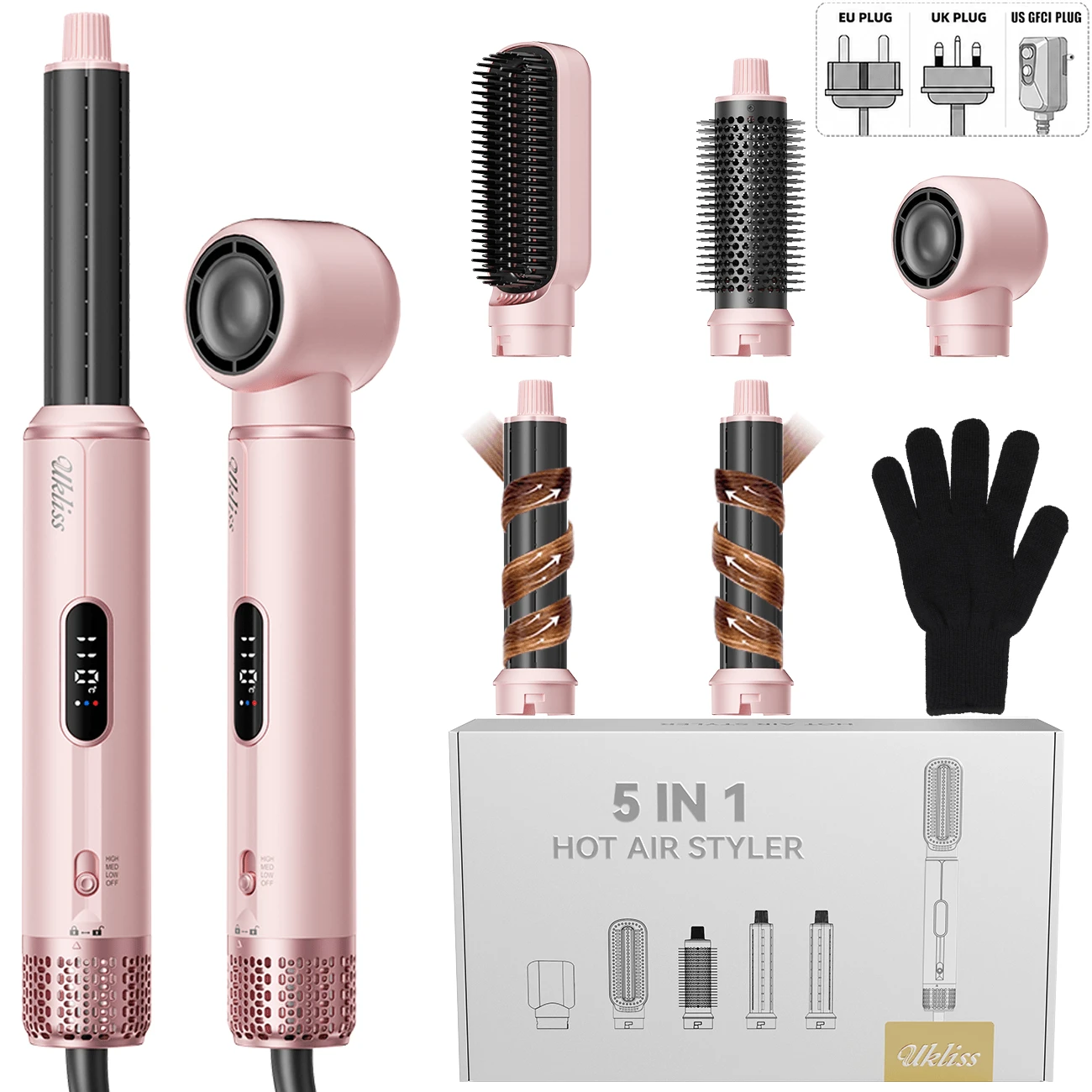 UKLISS 5-In-1 Hot Air Brush & Hair Dryer With LCD Temperature Display And 5 Accessories: Auto Curler, Smoothing Brush And Round Volumizing Brush. Suitable For Wet/Dry Hair, All Hair Types. Perfect For Home, Salon, Travel And Gifts