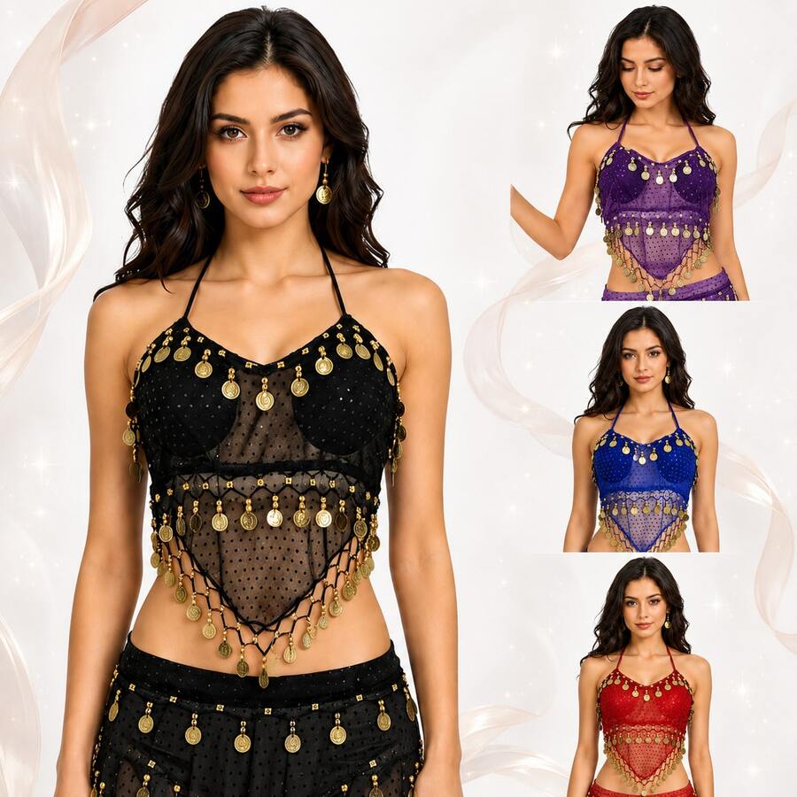Women Halter Sequin Mesh Belly Dance Crop Top, Gold Coin Fringe Dangling Beads Performance Costume Top For Rave Festival Club Halloween, Multiple Colors Available - Multicolor - View 1