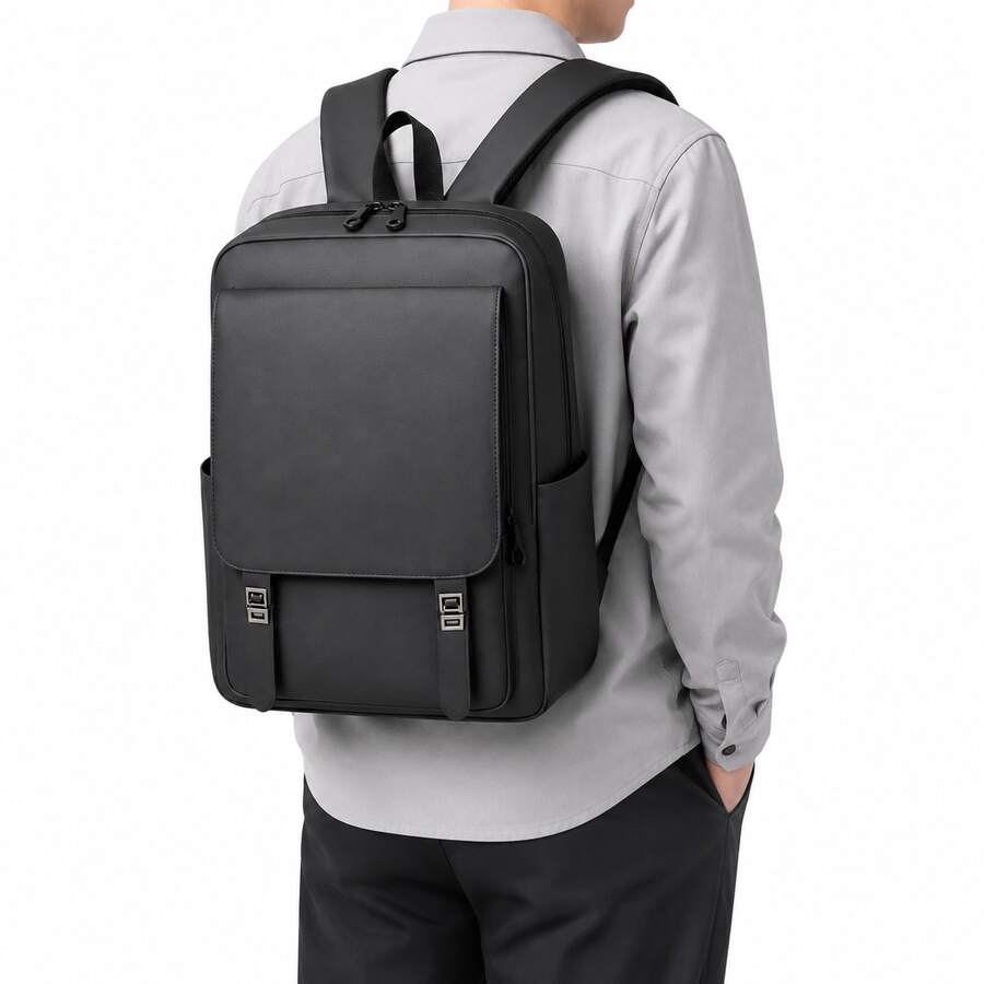 Mochila Multifuncional para Notebook Resistente à Água Grande Capacidade Compartimento Acolchoado Bolsos Laterais Alças Ajustáveis Costas Respiráveis Faixa para Mala Trabalho Estudo Viagens - Preto - Visão 1