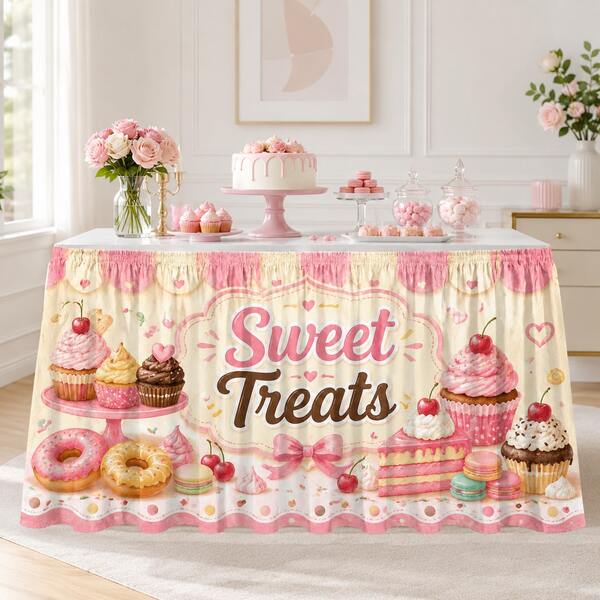 Sweet Treats Dessert Table Skirt With Cupcake Cake Donut Print, Pink Polyester Table Cover For Girls Birthday Party, Baby Shower, Candy Bar Decoration, Tea Party And Cute Event Decor