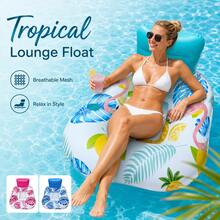 Tropical Leaf Print Inflatable Pool Lounge Chair With Headrest And Cup Holder, Mesh‑Seat Water Floating Sofa Float For Adult Summer Beach Swimming Pool Party - A - View 1