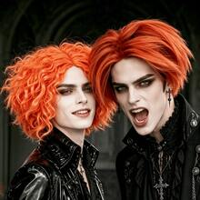 Bright Orange Synthetic Anime Cosplay Wig, Voluminous Curly And Spiky Straight Short Wig - Perfect For Gothic Looks, Themed Parties, Holiday Costumes, And Unisex Cosplay Wigs. - Dirty Orange - View 3