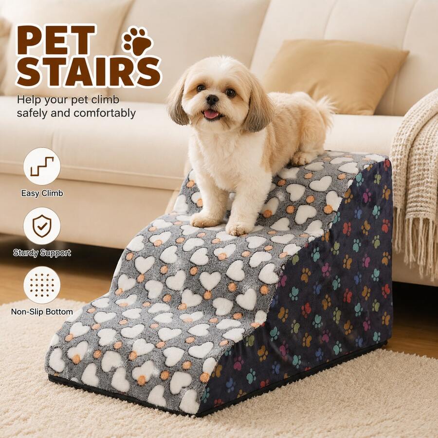Flannel Grey Heart Print Pet Ramp Stairs For Sofa Bed, Foam Step Slope For Cats And Small Dogs