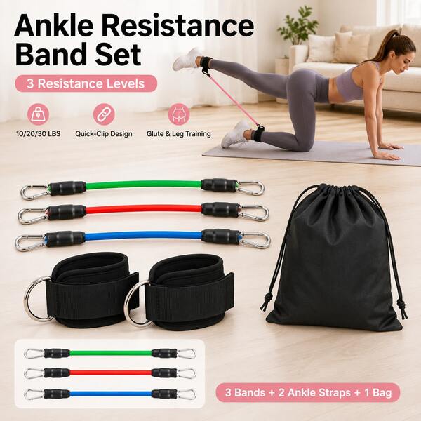 BSKT Juego de 6 piezas de bandas de resistencia para tobillo de 3 niveles para entrenamiento de fuerza de cadera y piernas para hombres y mujeres adultos, cuerda elástica de 10/20/30LB, correas de tobillo dobles ajustables con conectores de metal, para patadas hacia atrás, elevaciones laterales de pierna, fitness en casa