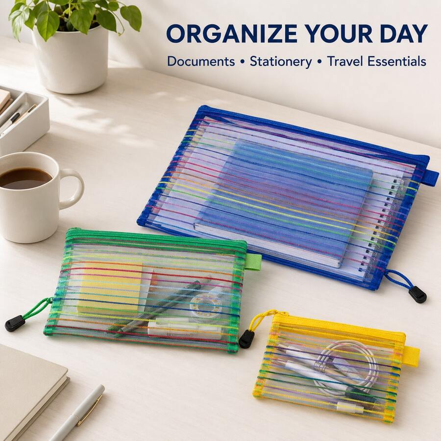1/5pcs Rainbow Mesh Zipper Storage Bag Set, Multi-Size Document & Pencil Organizer Pouch For School, Office And Travel - Sets - View 1