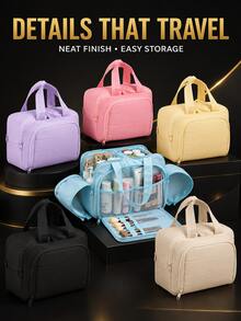 Large Capacity Women's Travel Makeup Bag, Portable Multi-Compartment Cosmetic Storage Bag With Handle, Brush Slots, Mesh Pockets And Wide Zipper Opening, Suitable For Vacation, Bathroom, Home Toiletries And Skincare Storage - Multicolor - View 1