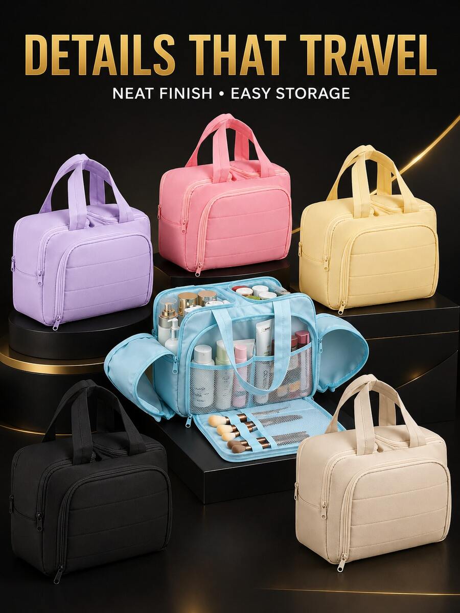 Large Capacity Women's Travel Makeup Bag, Portable Multi-Compartment Cosmetic Storage Bag With Handle, Brush Slots, Mesh Pockets And Wide Zipper Opening, Suitable For Vacation, Bathroom, Home Toiletries And Skincare Storage - Multicolor - View 1