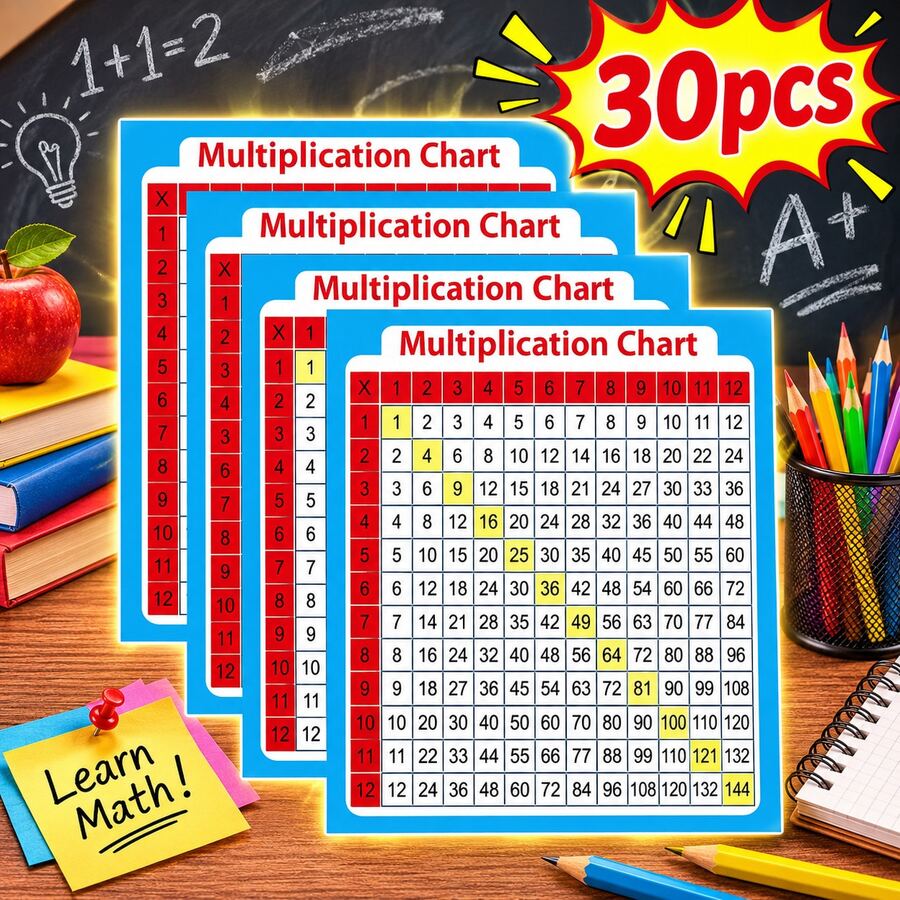 30pcs Multiplication Table Stickers, 3x3.5 Inches - Essential Math Learning Aid For Students And Families, Easy-To-Use School And Office Supplies Cards