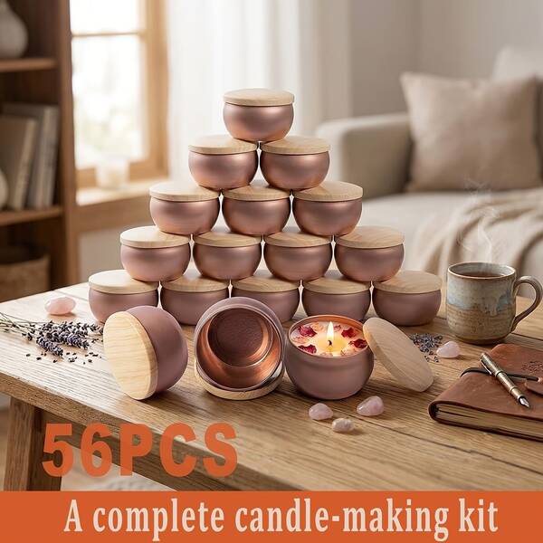 Kit completo per la realizzazione di candele da 54 pezzi, contenitori in metallo per candele da 2,5 once, contenitori portatili per candele profumate, piccole lattine in ferro da viaggio (include 8 lattine in ferro vuote, 10 basi, 18 stoppini, 20 adesivi)