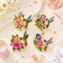 Colorful Hummingbird Flower Enamel Brooch Pin Vintage Bird Floral Lapel Badge Jewelry Accessory For Women Men Jacket Backpack - Gold - View 5