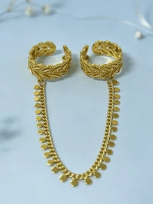 1pc Double-Split Wheat Ear & Leaf Connected Finger Ring, Minimalist Luxury Elegant Design - Gold - View 2