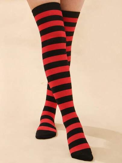 1 Pair Women's Red And Black Striped Over,The,Knee Socks, Cozy Socks