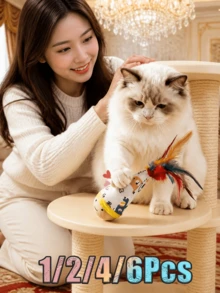 1/2/4/6 piezas Juguete de gato oscilante con plumas brillantes, diseño oscilante para juego autónomo, material de nailon duradero, adecuado para diversión de caza, regalo de Navidad para gatitos y gatos adultos (algunos estilos de color aleatorio), sin batería requerida - Multicolor - Ver 3