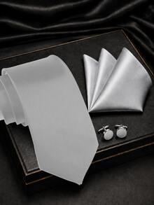 1 SET Solid Color Tie, Pocket Square, Cufflinks Combination Set, Hand-Tied Tie, Handkerchief, Cufflinks Combination Suitable For Daily Wear, Wedding, Party, Cocktail, Banquet - Light Grey - View 1