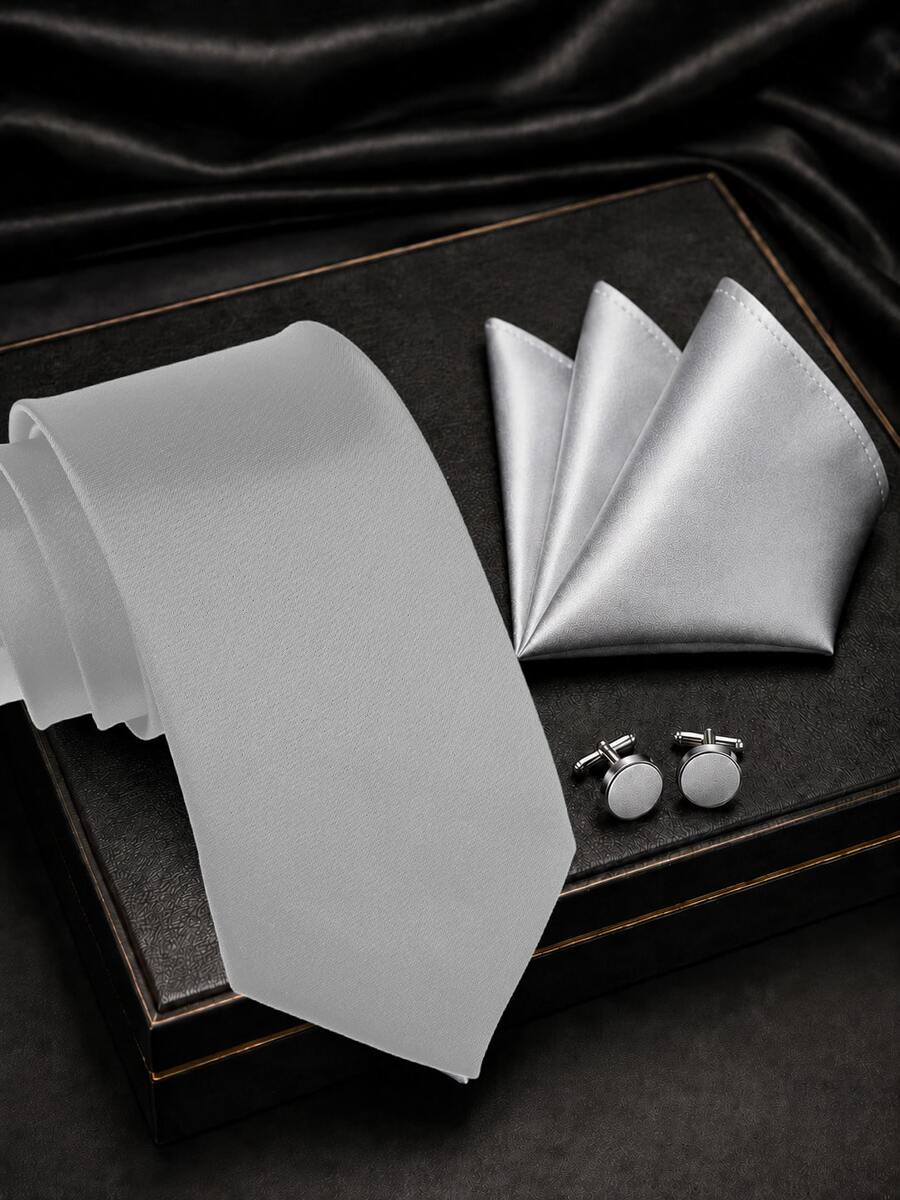 1 SET Solid Color Tie, Pocket Square, Cufflinks Combination Set, Hand-Tied Tie, Handkerchief, Cufflinks Combination Suitable For Daily Wear, Wedding, Party, Cocktail, Banquet - Light Grey - View 1