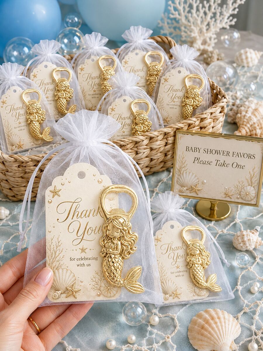 30pcs/10sets Gold Metal Mermaid Bottle Opener Party Favors, Includes Thank You Cards And Organza Bags, Under The Sea Theme Baby Shower Guest Gifts