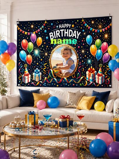 Fondo de fiesta de cumpleaños personalizable de varios tamaños con cinta de dibujos animados y globos, banner de fondo con personalización dual de foto de retrato + nombre, decoración de fiesta de cumpleaños en casa, banner de decoración de fotografía de fiesta temática infantil, configuración de mesa de postres para fiesta interior, cortina de fondo de foto para ambiente de evento de cumpleaños en casa