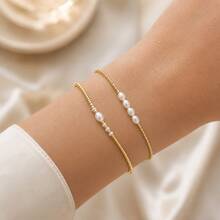 2PCS Women's Elegant Style 18K Gold Plated Copper, Faux Pearl Beaded Adjustable Bracelet Daily Accessory - Multicolor - View 5