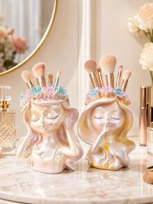 1pc Cute Girl Makeup Brush Holder, Resin Flower Crown Cosmetic Organizer, Kawaii Vanity Storage Cup For Makeup Brushes, Lipstick And Beauty Tools, Dresser, Bedroom, Bathroom Countertop, Desk Decor, Aesthetic Room Decor, Gift For Women And Girls - View 9