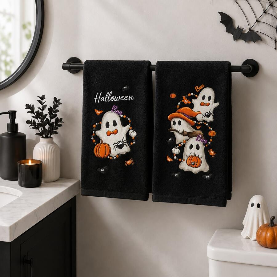 2pcs Black Beads Pumpkin Halloween Kitchen Towels, Farmhouse Bat Spider Decorative Hand Towel Set - Multicolor - View 1